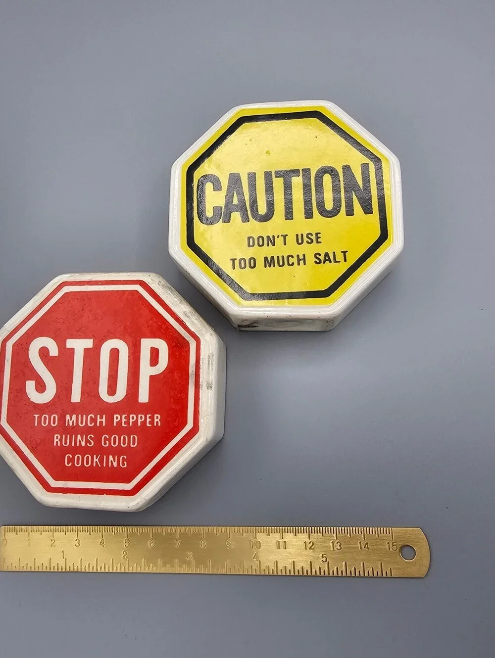 Vintage Stop and Caution Octagonal Salt and Pepper Shakers